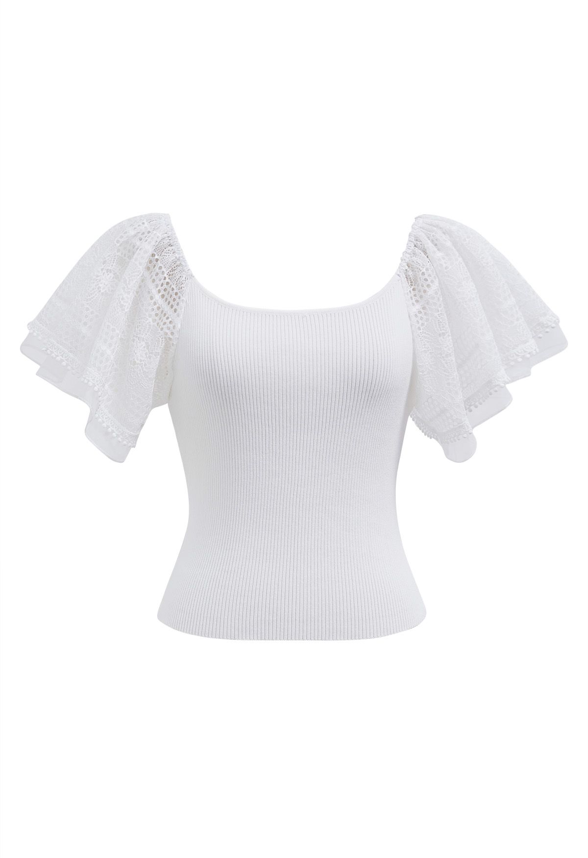 Cutwork Lace Flutter Sleeves Spliced Knit Top in White