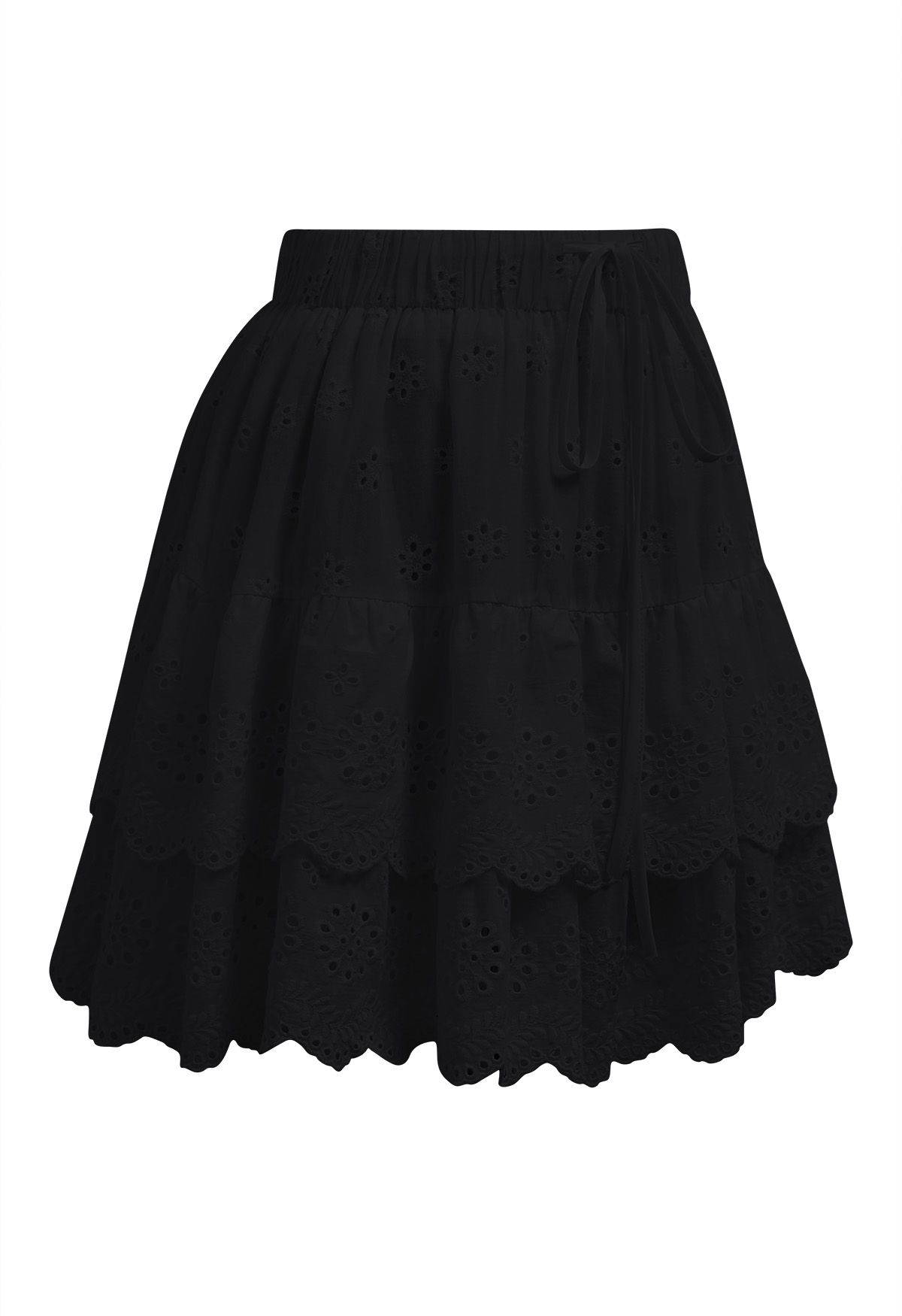 Eyelet Embroidery Tiered Mini Skirt in Black