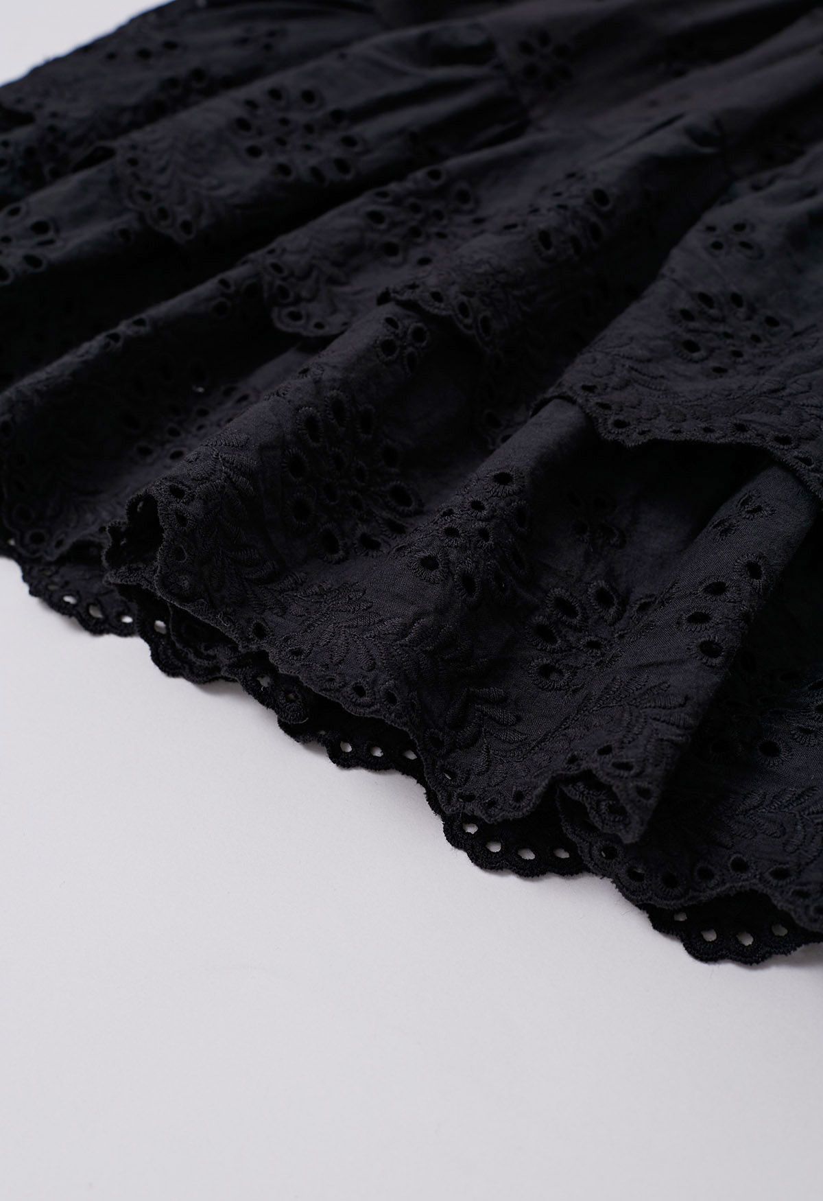 Eyelet Embroidery Tiered Mini Skirt in Black