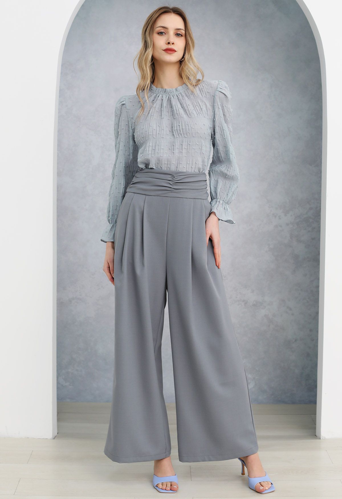 Ruched High Waist Pleated Wide-Leg Pants in Dusty Blue