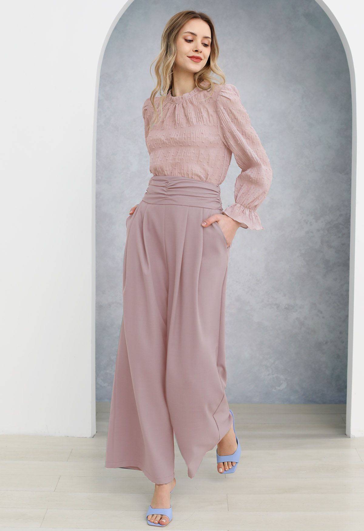 Ruched High Waist Pleated Wide-Leg Pants in Pink
