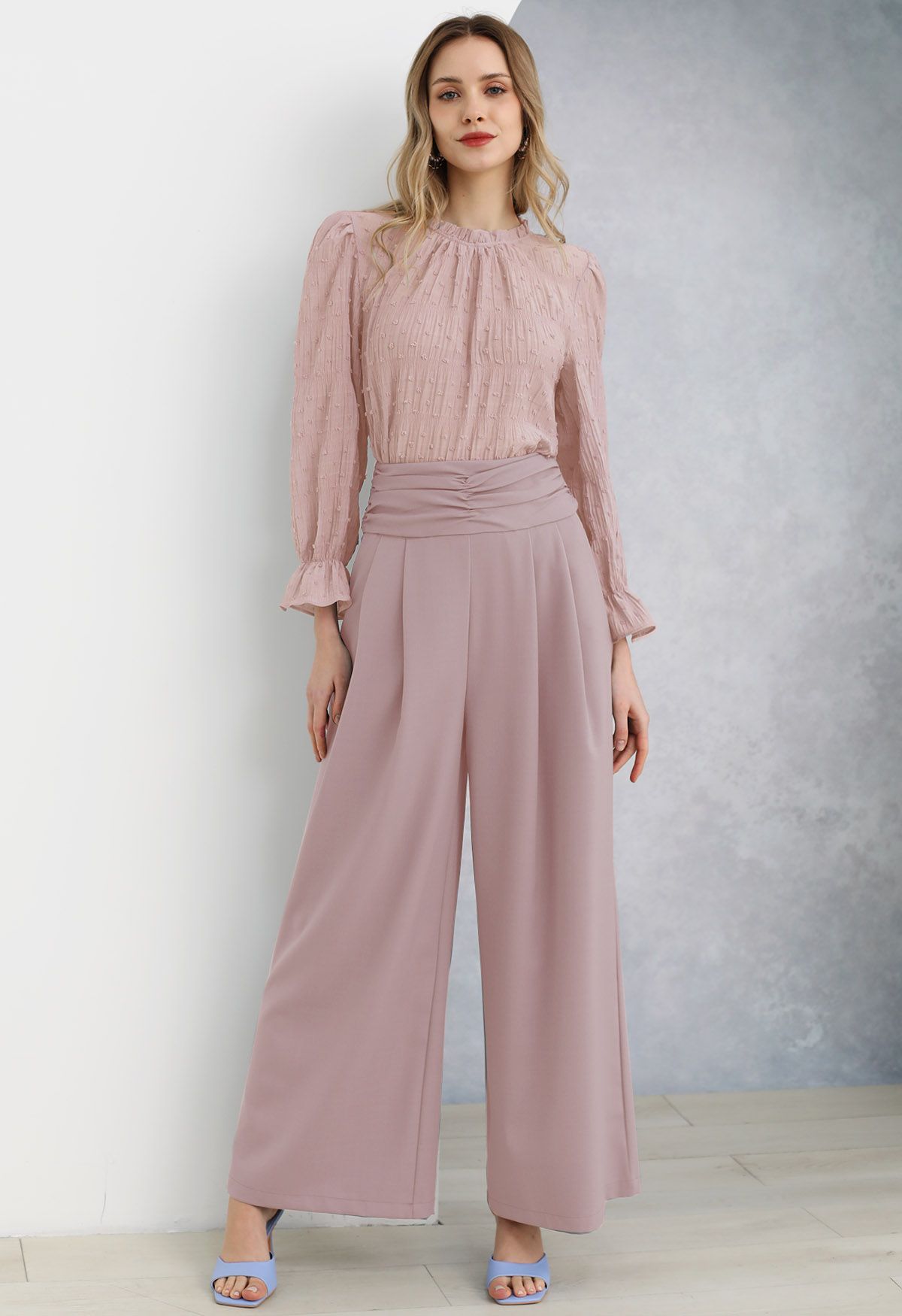 Ruched High Waist Pleated Wide-Leg Pants in Pink