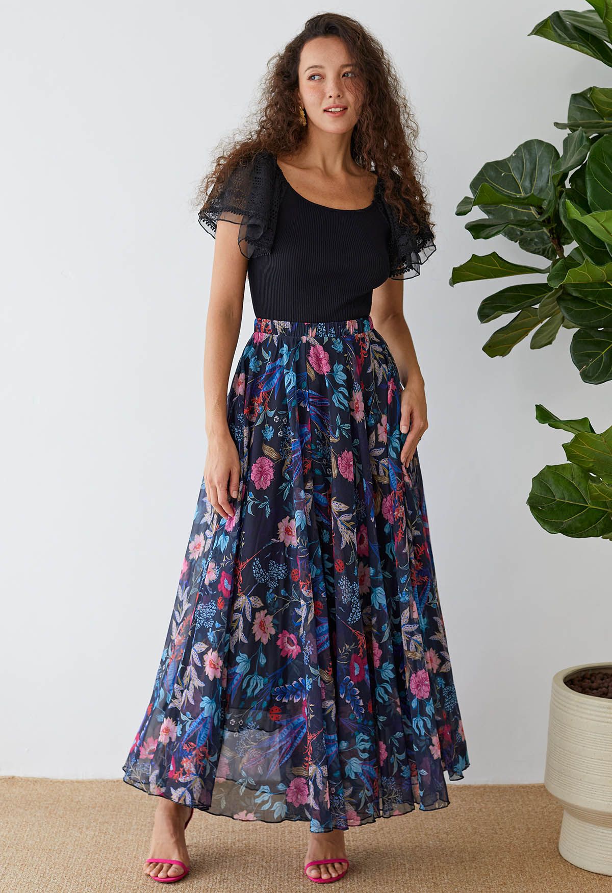 Vibrant Blossom Printed Chiffon Maxi Skirt