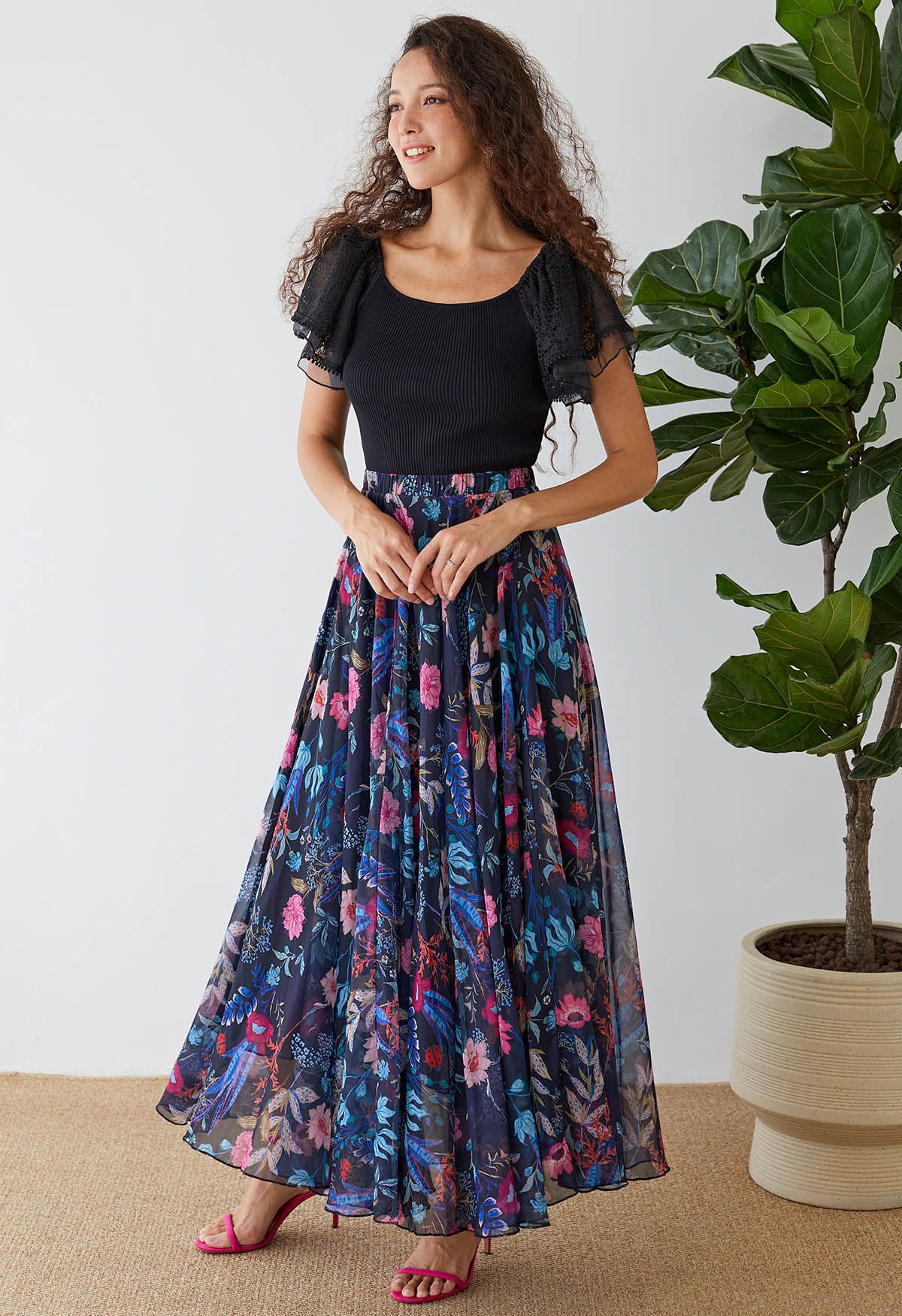 Vibrant Blossom Printed Chiffon Maxi Skirt