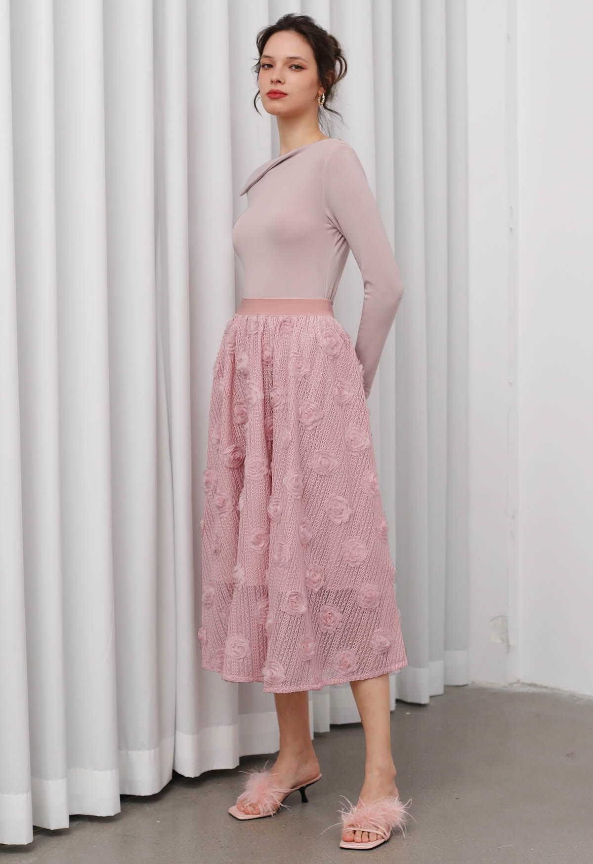 3D Rose Openwork Cotton Midi Skirt in Pink