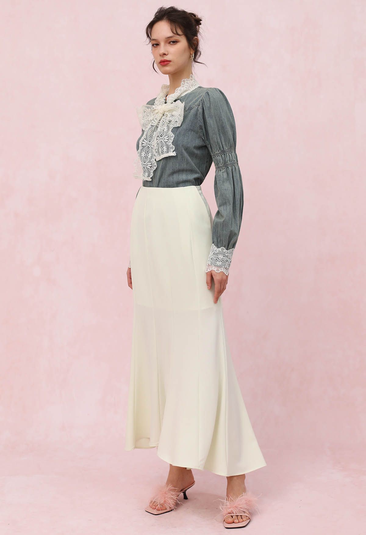 Seam Detailing Mermaid Maxi Skirt in Cream