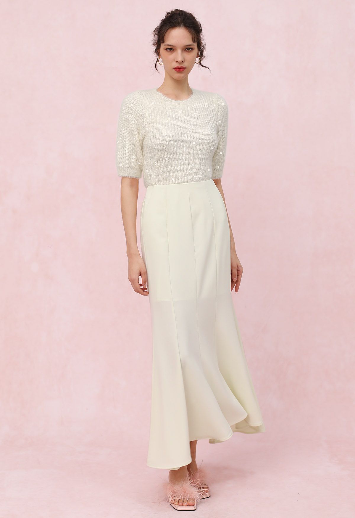 Seam Detailing Mermaid Maxi Skirt in Cream