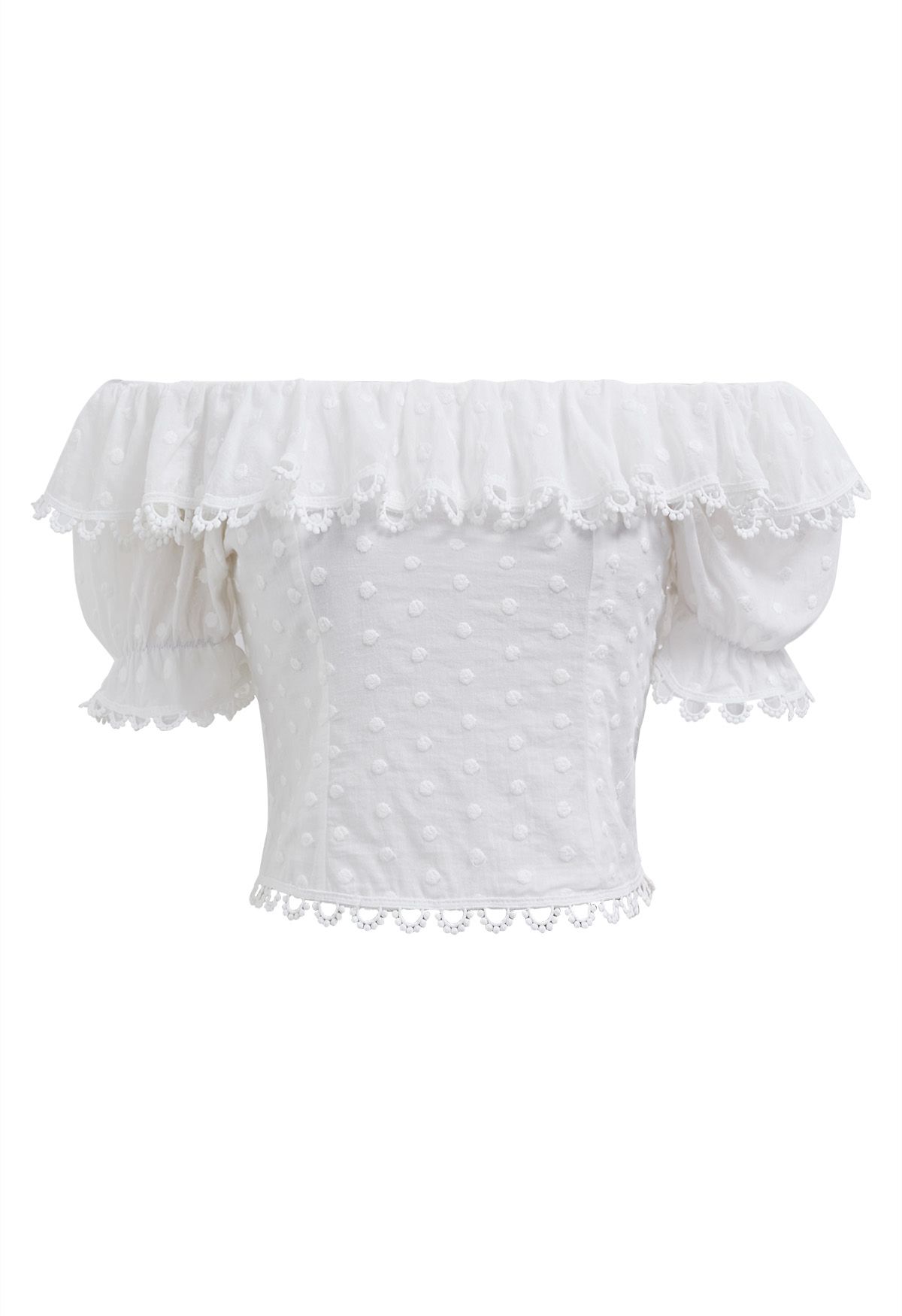 Crochet Edge Dotted Off-Shoulder Crop Top in White