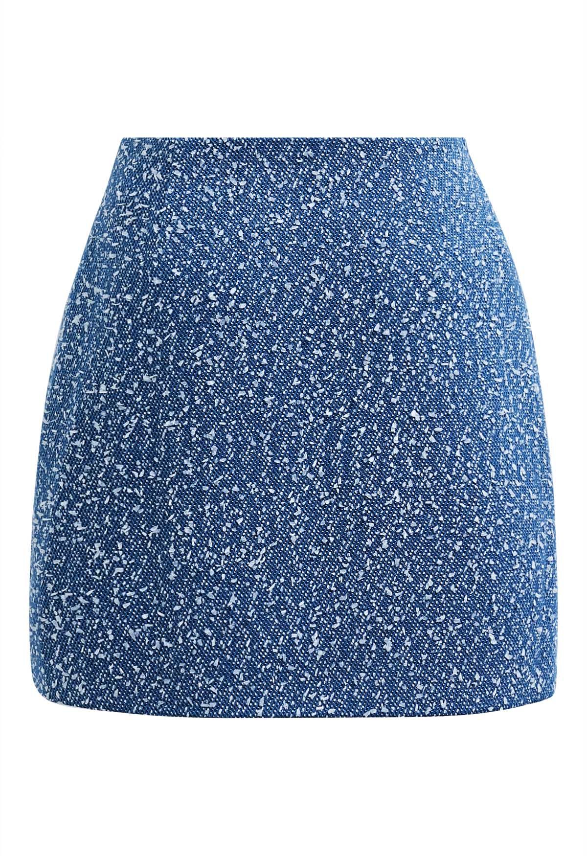 Mix-Color Buttoned Tweed Mini Skirt in Blue