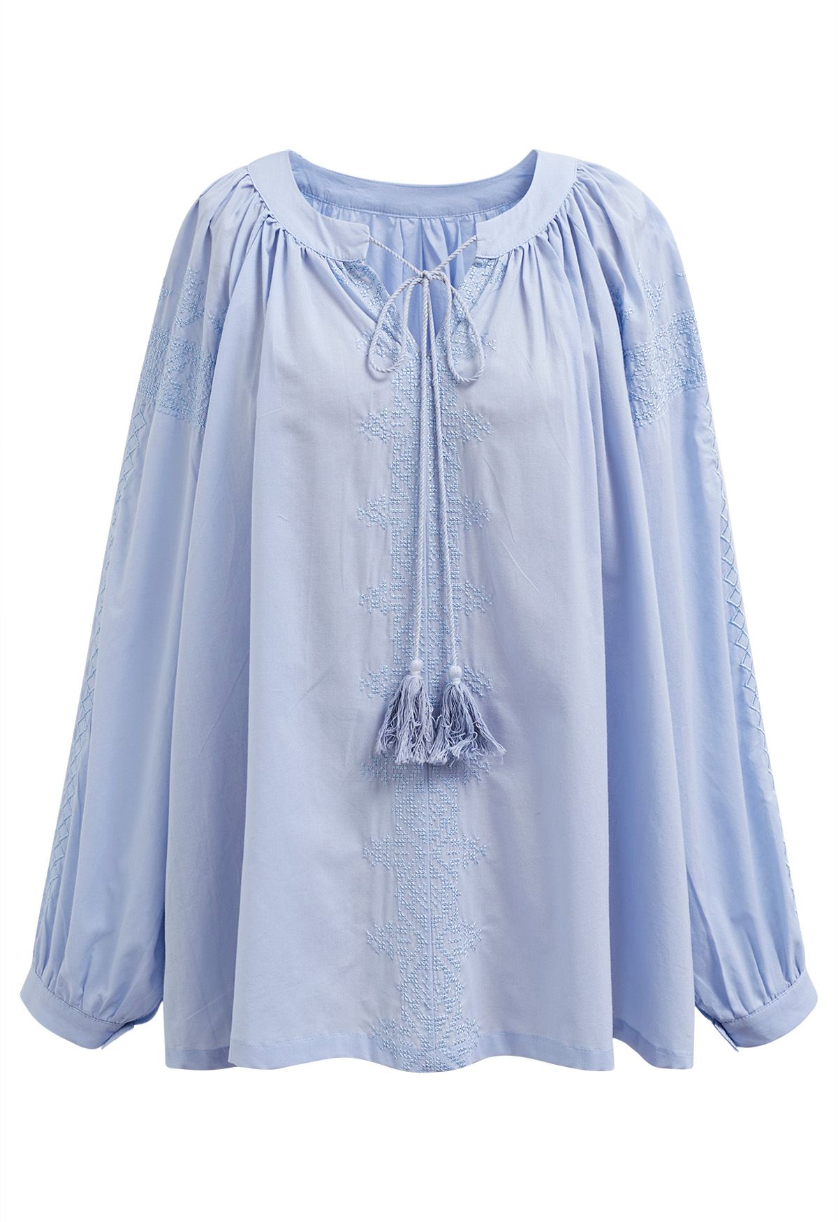 Tassel String Embroidered Cotton Top in Blue