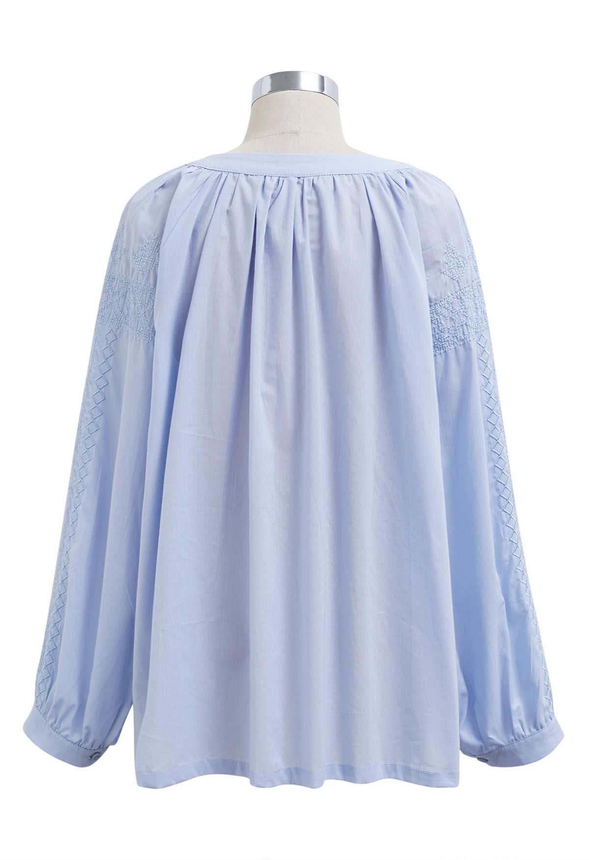 Tassel String Embroidered Cotton Top in Blue