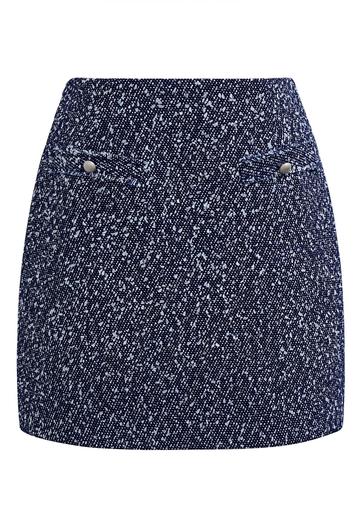 Mix-Color Buttoned Tweed Mini Skirt in Navy