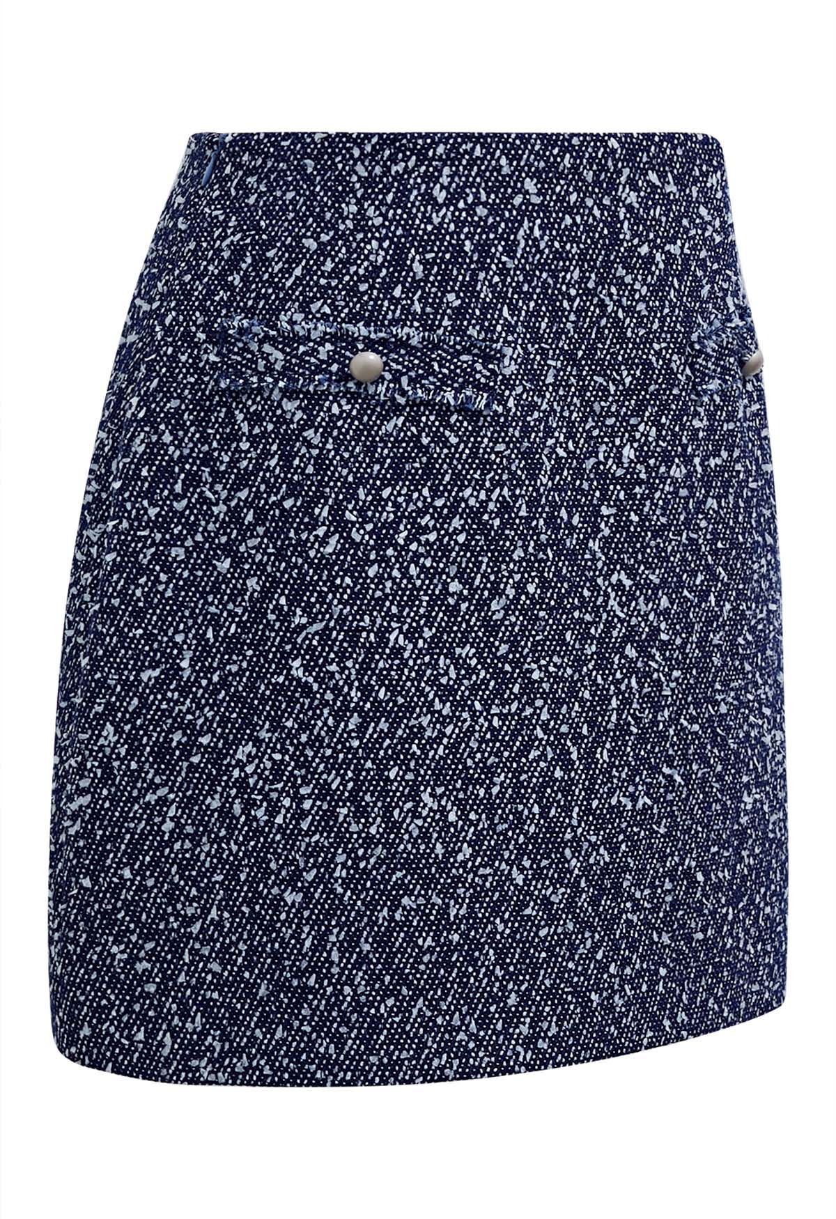 Mix-Color Buttoned Tweed Mini Skirt in Navy