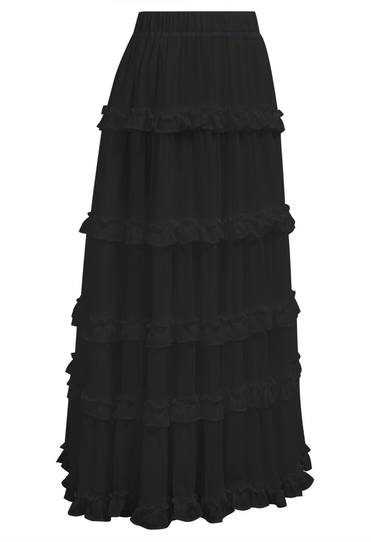 Adorable Ruffle Trim Flare Maxi Skirt in Black