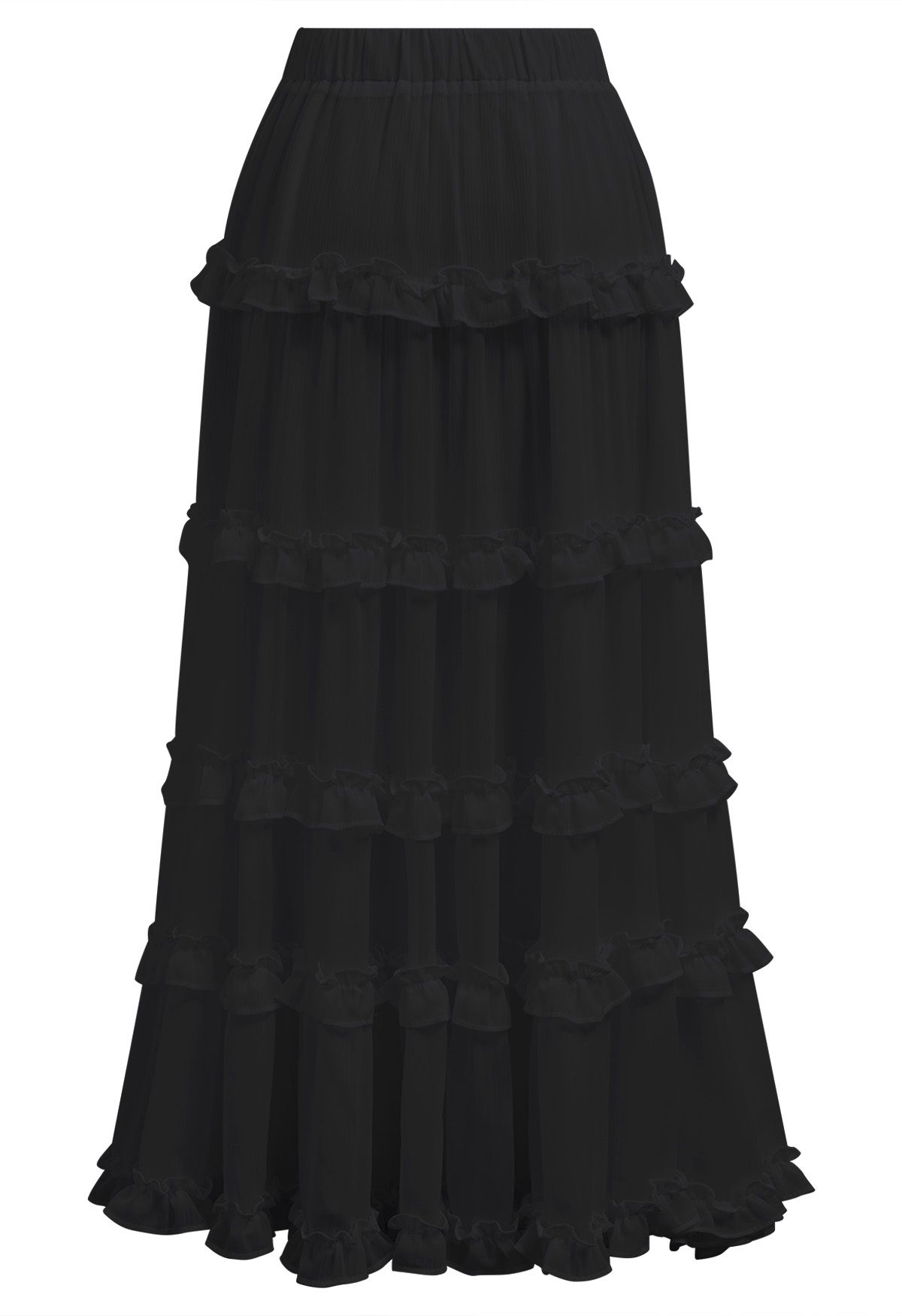 Adorable Ruffle Trim Flare Maxi Skirt in Black