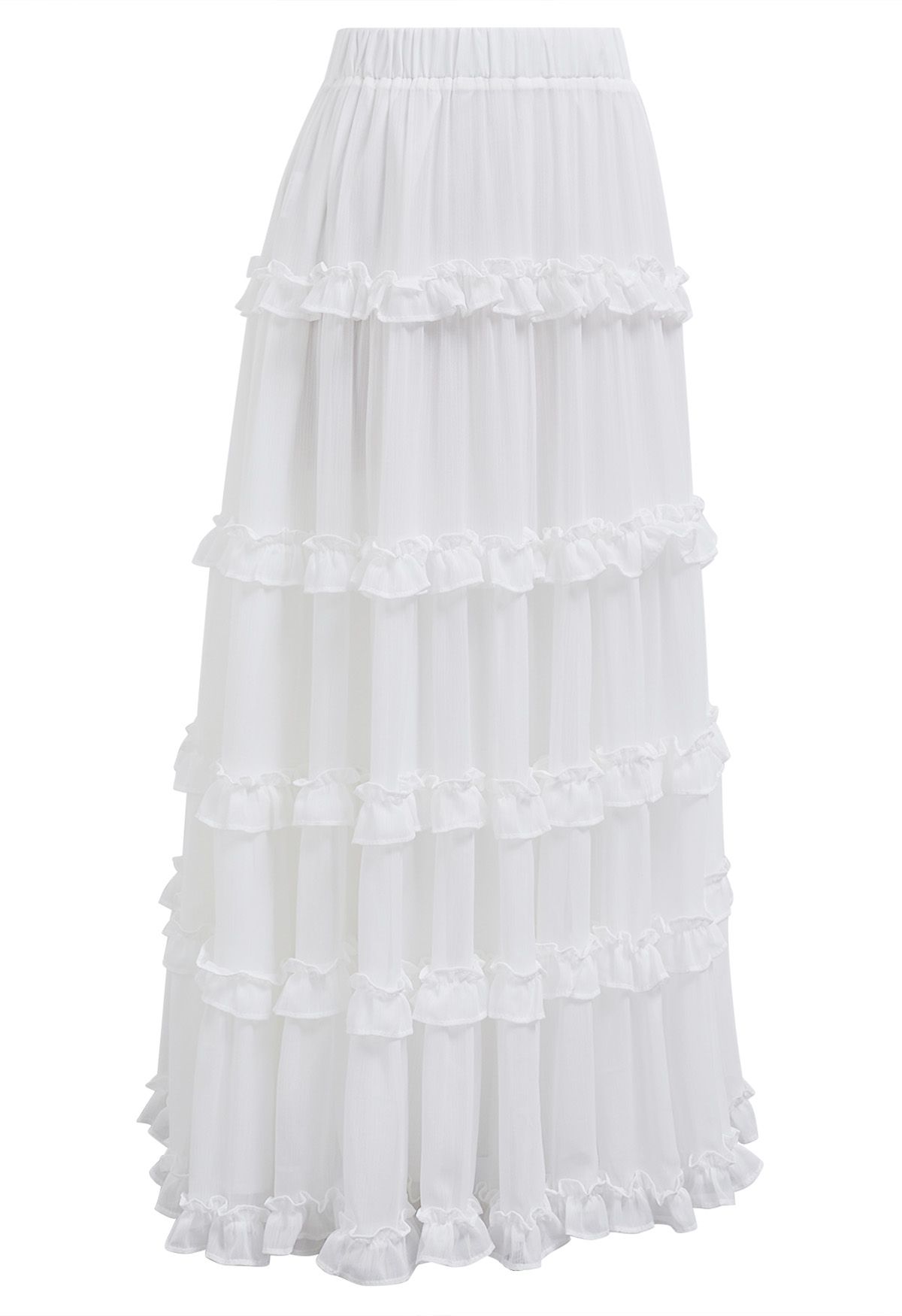 Adorable Ruffle Trim Flare Maxi Skirt in White