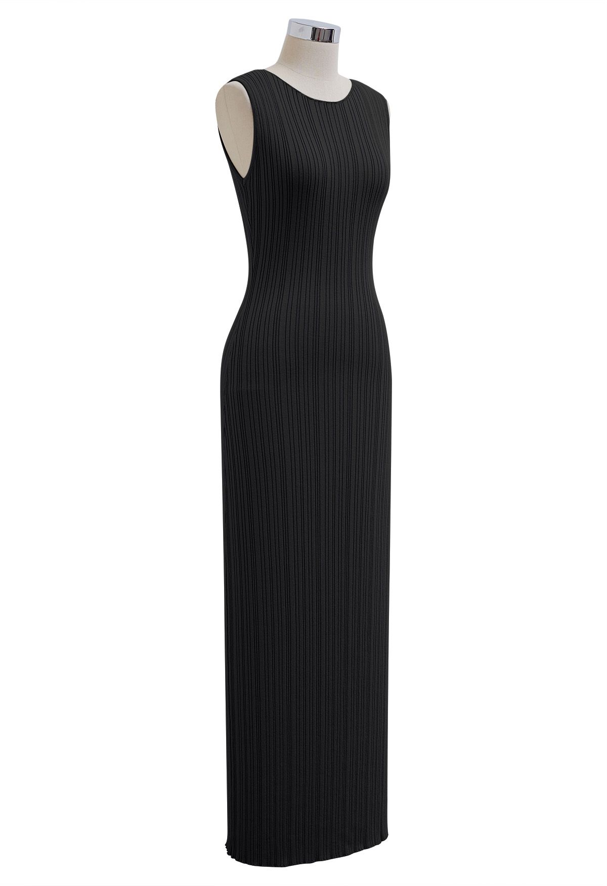 Slit Back Bodycon Sleeveless Knit Maxi Dress in Black