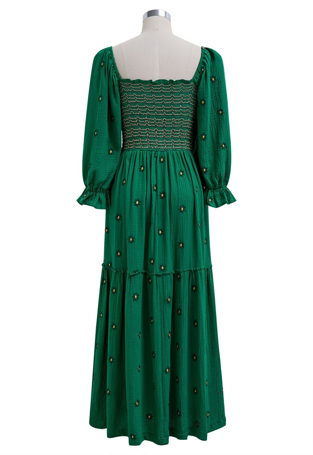 Floret Embroidery Square Neck Midi Dress in Green