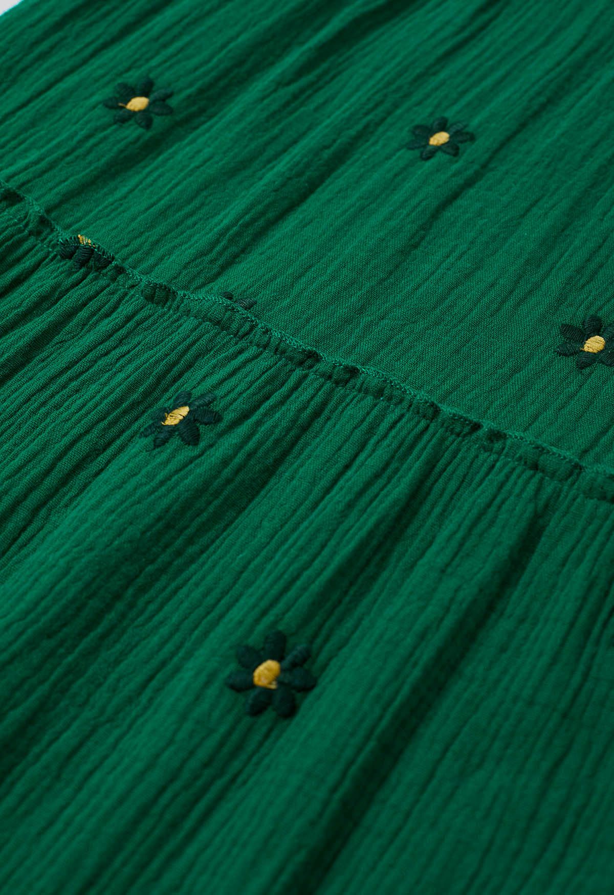 Floret Embroidery Square Neck Midi Dress in Green