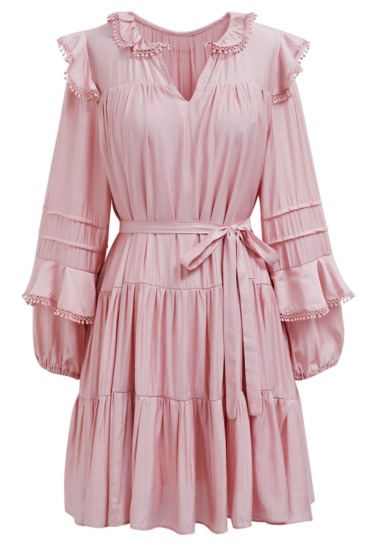 Fringe Detail Tiered Sleeve Mini Dress in Pink