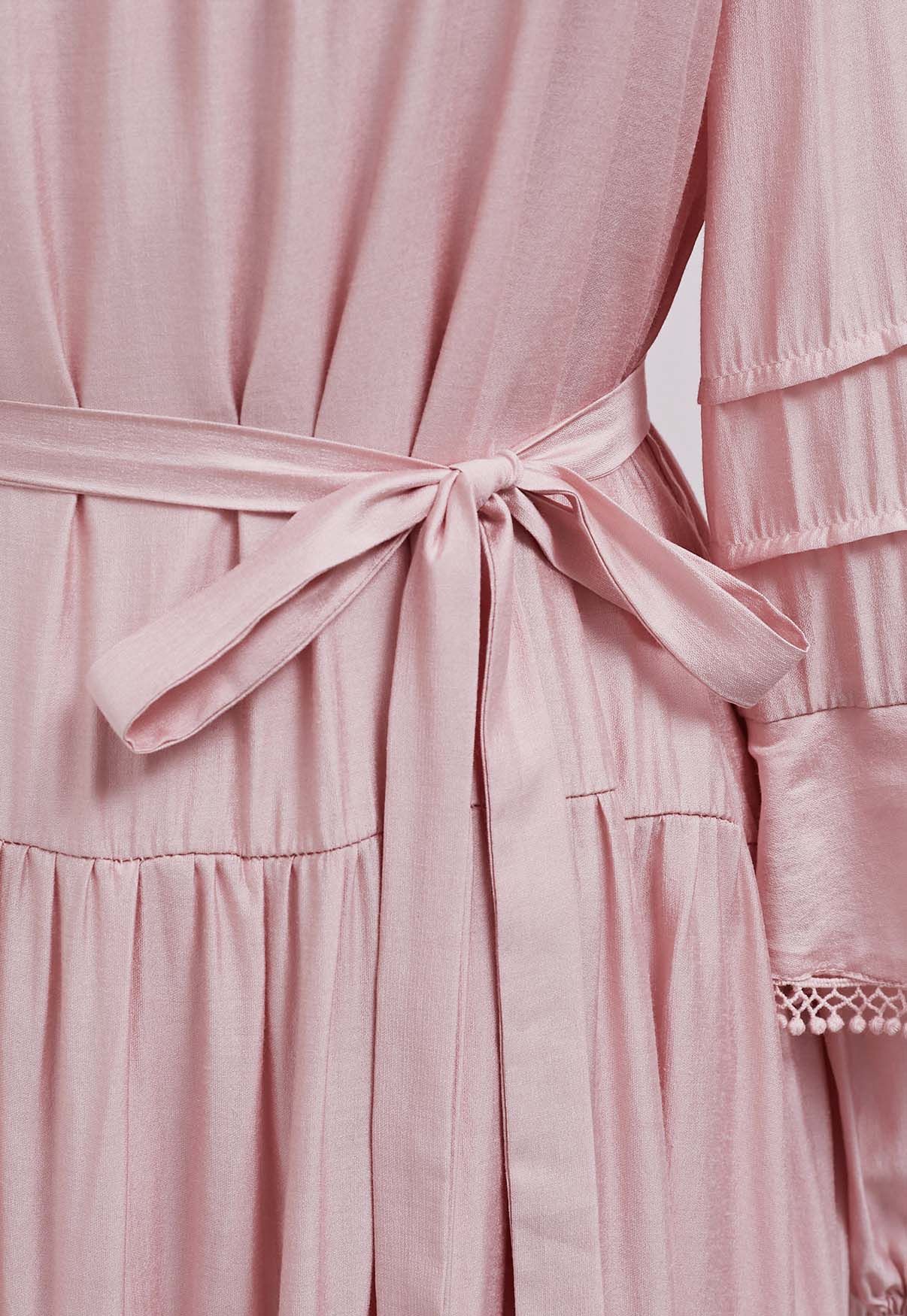 Fringe Detail Tiered Sleeve Mini Dress in Pink