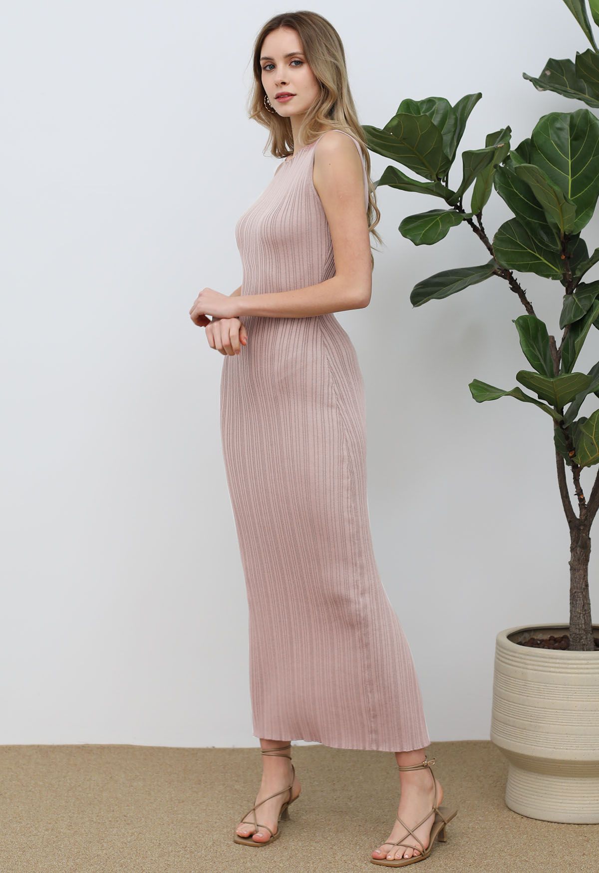 Slit Back Bodycon Sleeveless Knit Maxi Dress in Pink