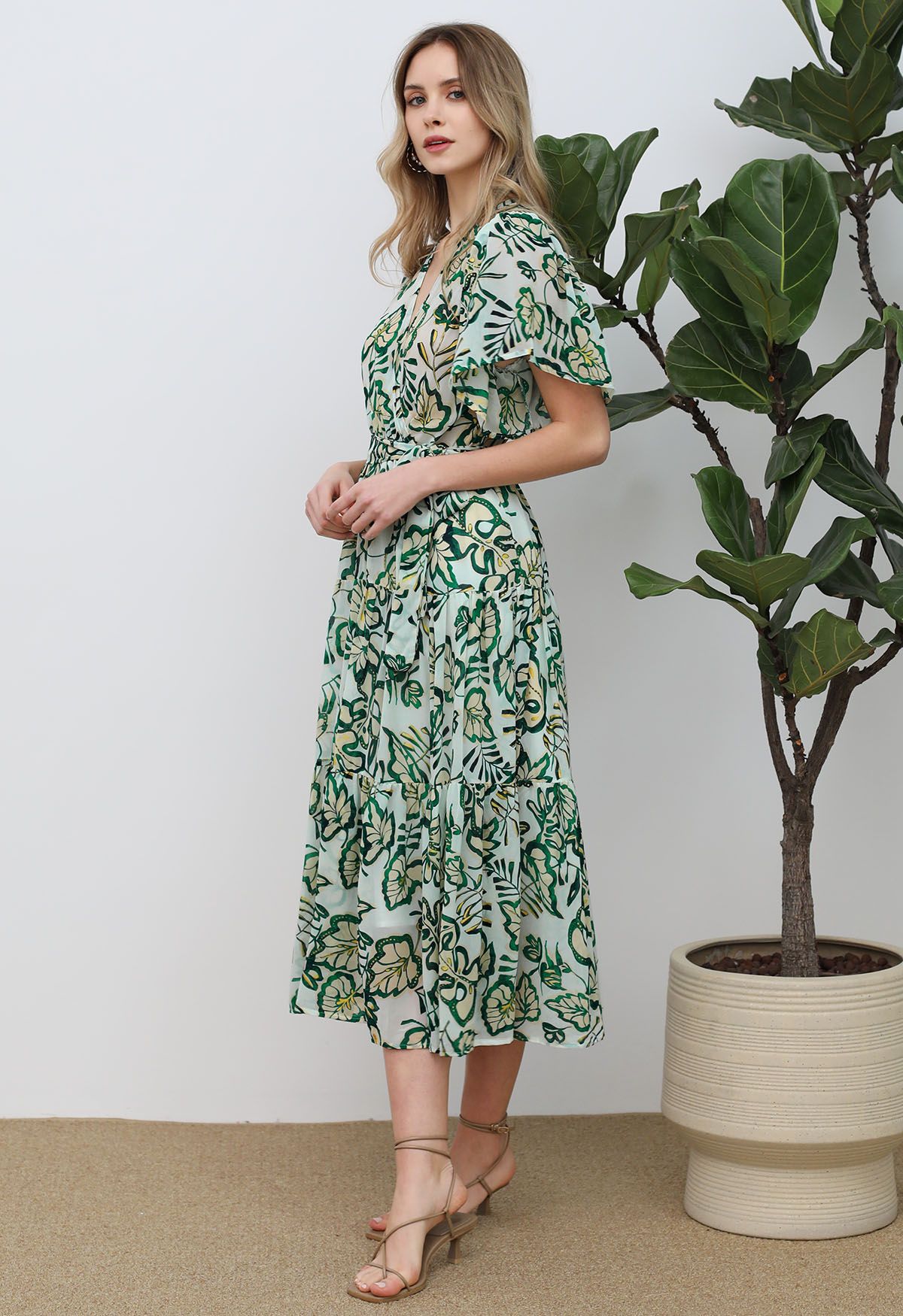 Leaves Printed Flutter Sleeve Faux-Wrap Dress