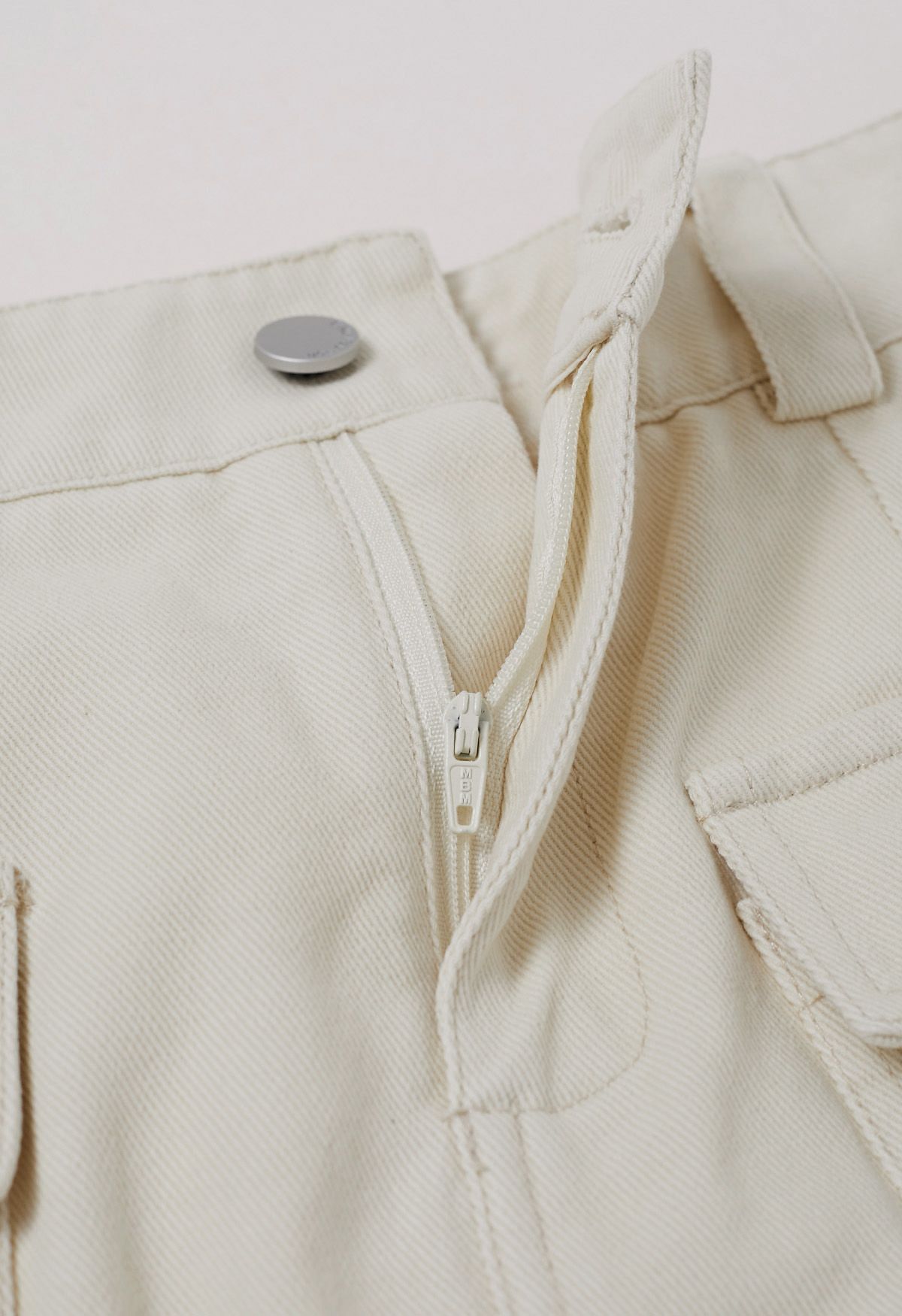 Flap Pocket Denim Mini Skirt with Belt in Ivory