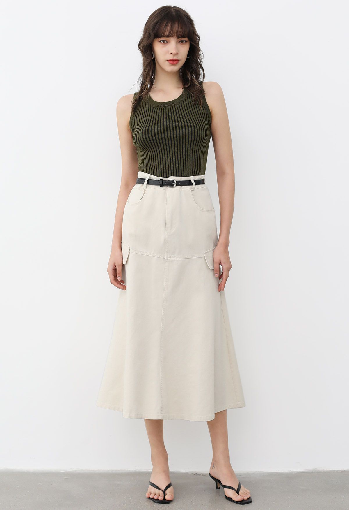 Pocket Trim Belted Denim Flare Skirt in Ivory