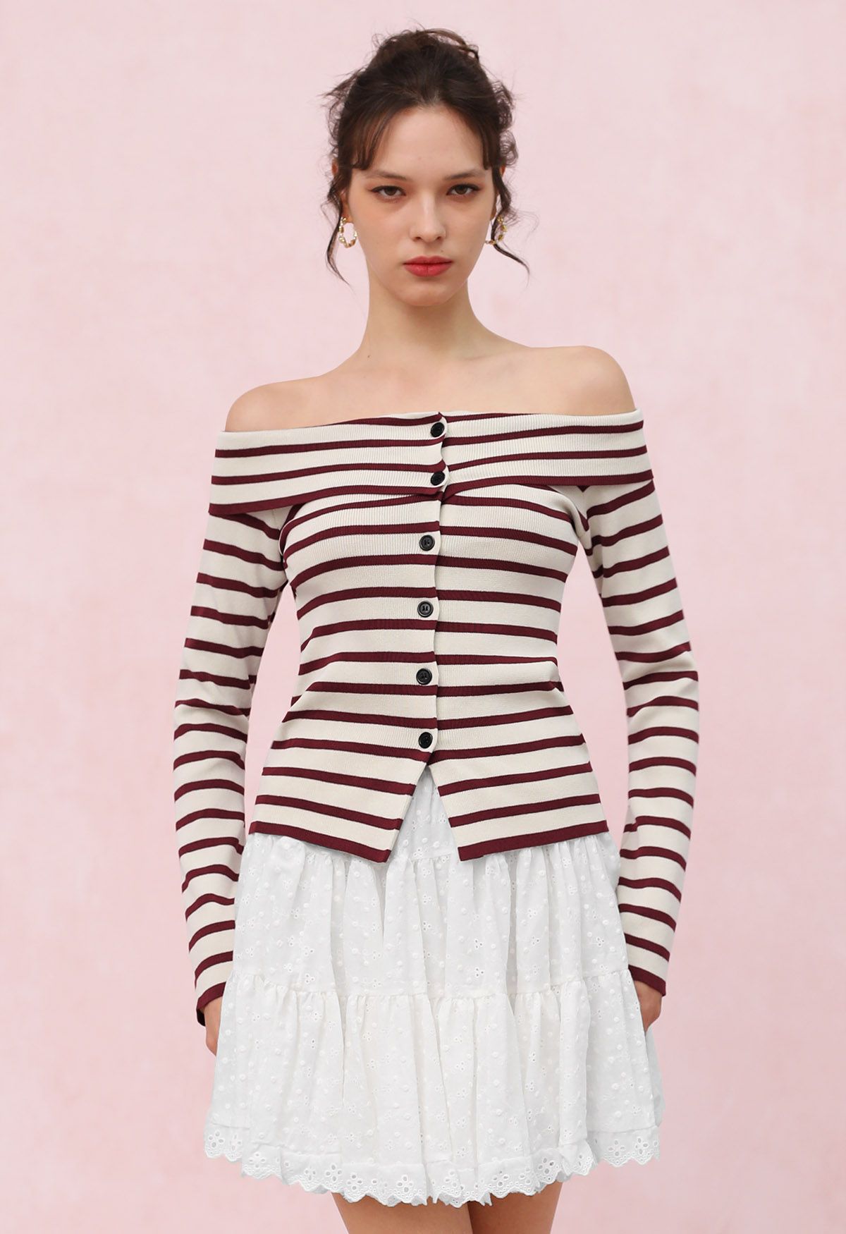 Off-Shoulder Button Down Striped Knit Top in Red