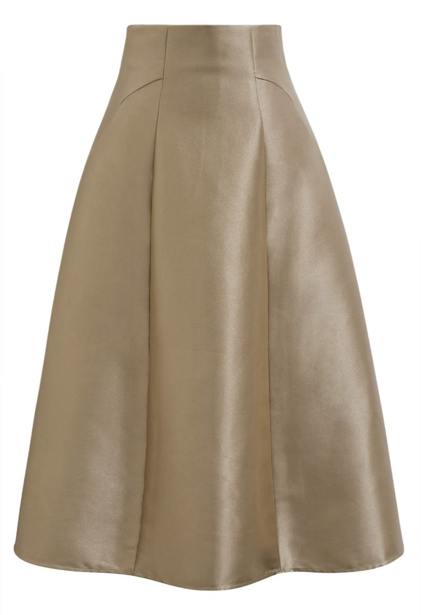 Glossy A-Line Midi Skirt in Khaki