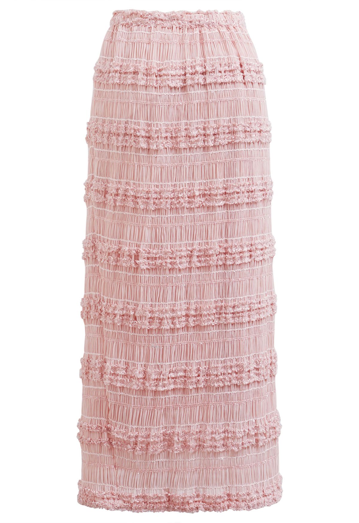 Ruched Mesh Fuzzy Sequin Pencil Skirt in Pink