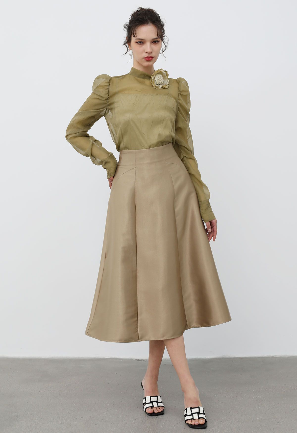 Glossy A-Line Midi Skirt in Khaki