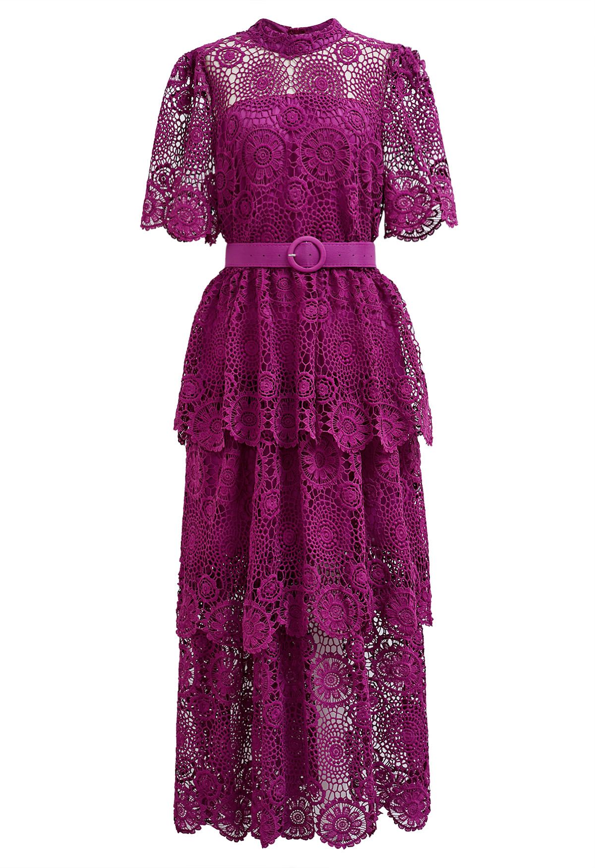 Cutwork Lace Belted Tiered Maxi Dress in Magenta