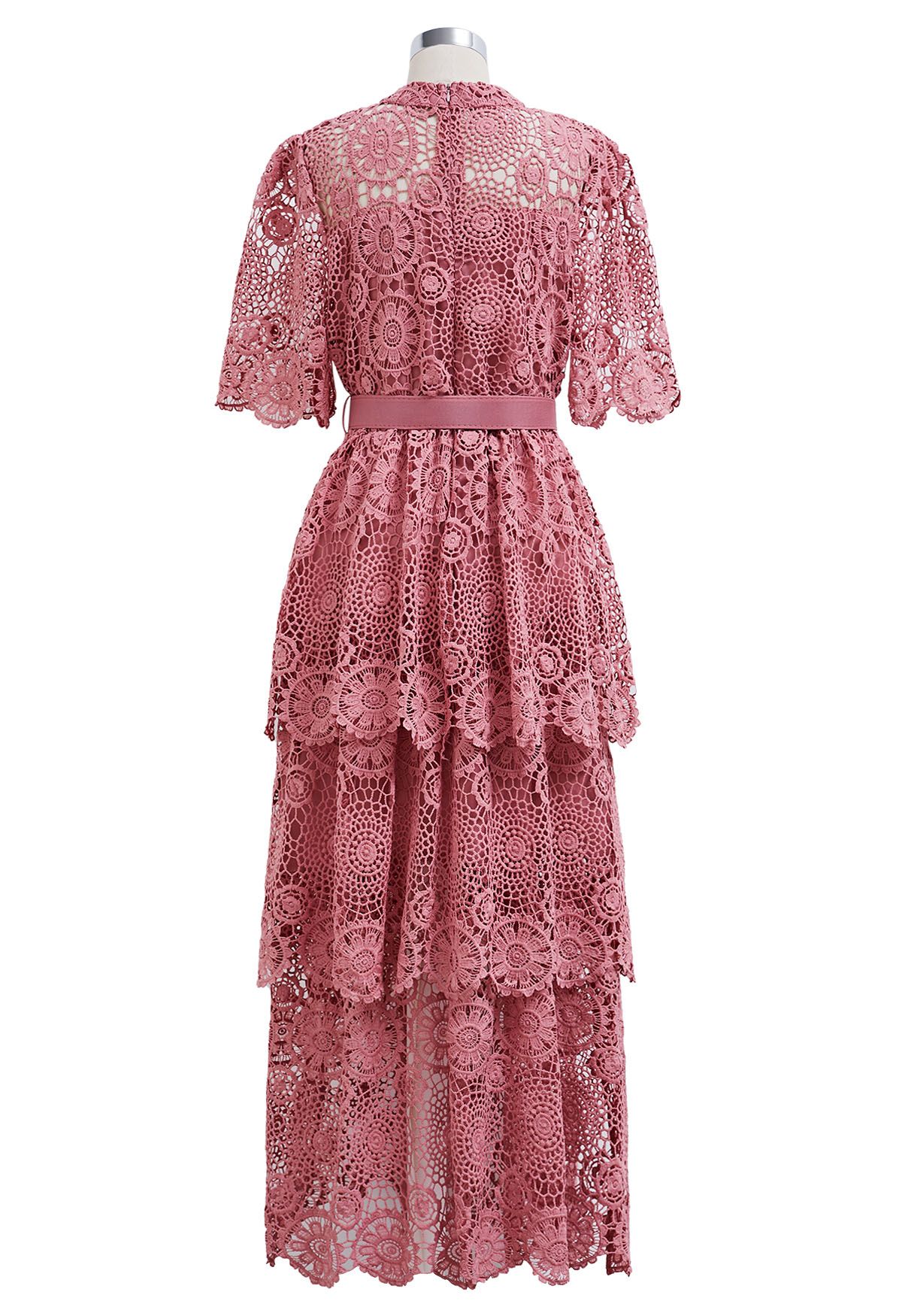 Cutwork Lace Belted Tiered Maxi Dress in Pink