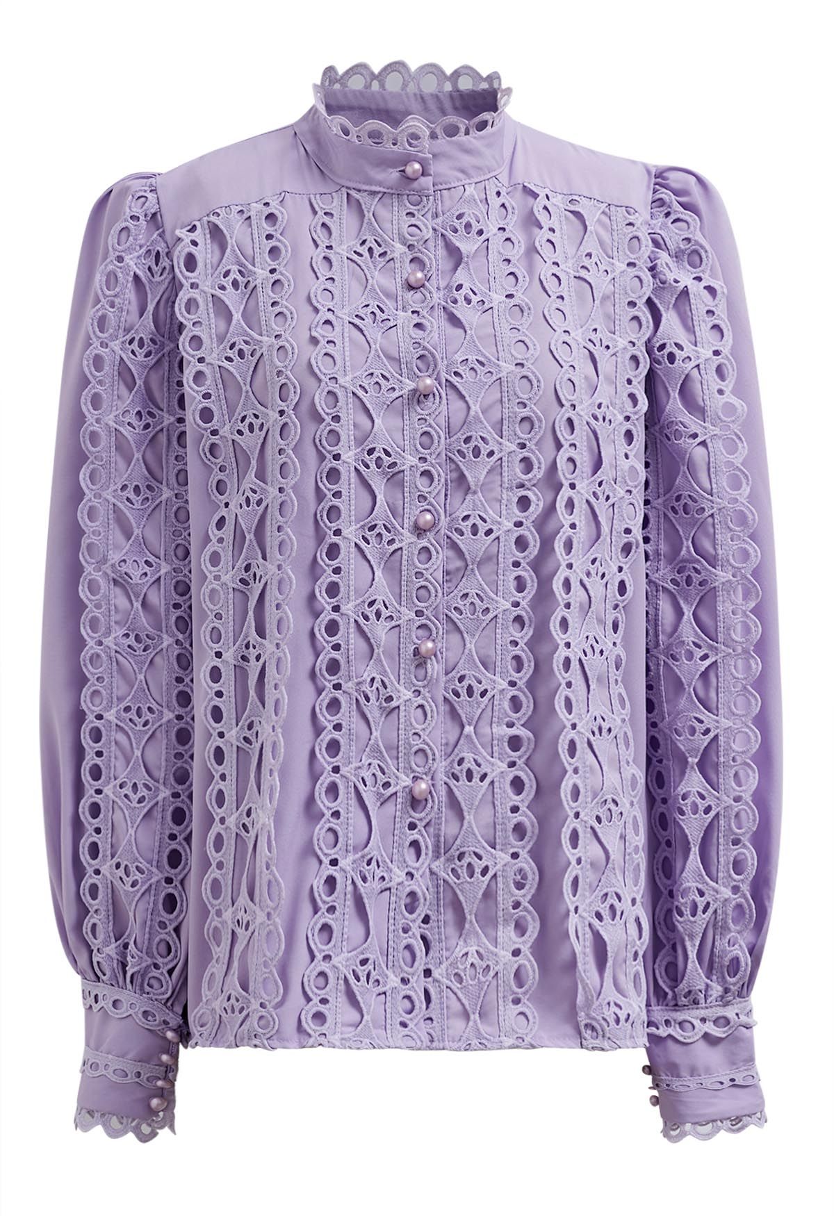 Exquisite Cutwork Bubble Sleeves Button-Up Shirt in Lilac