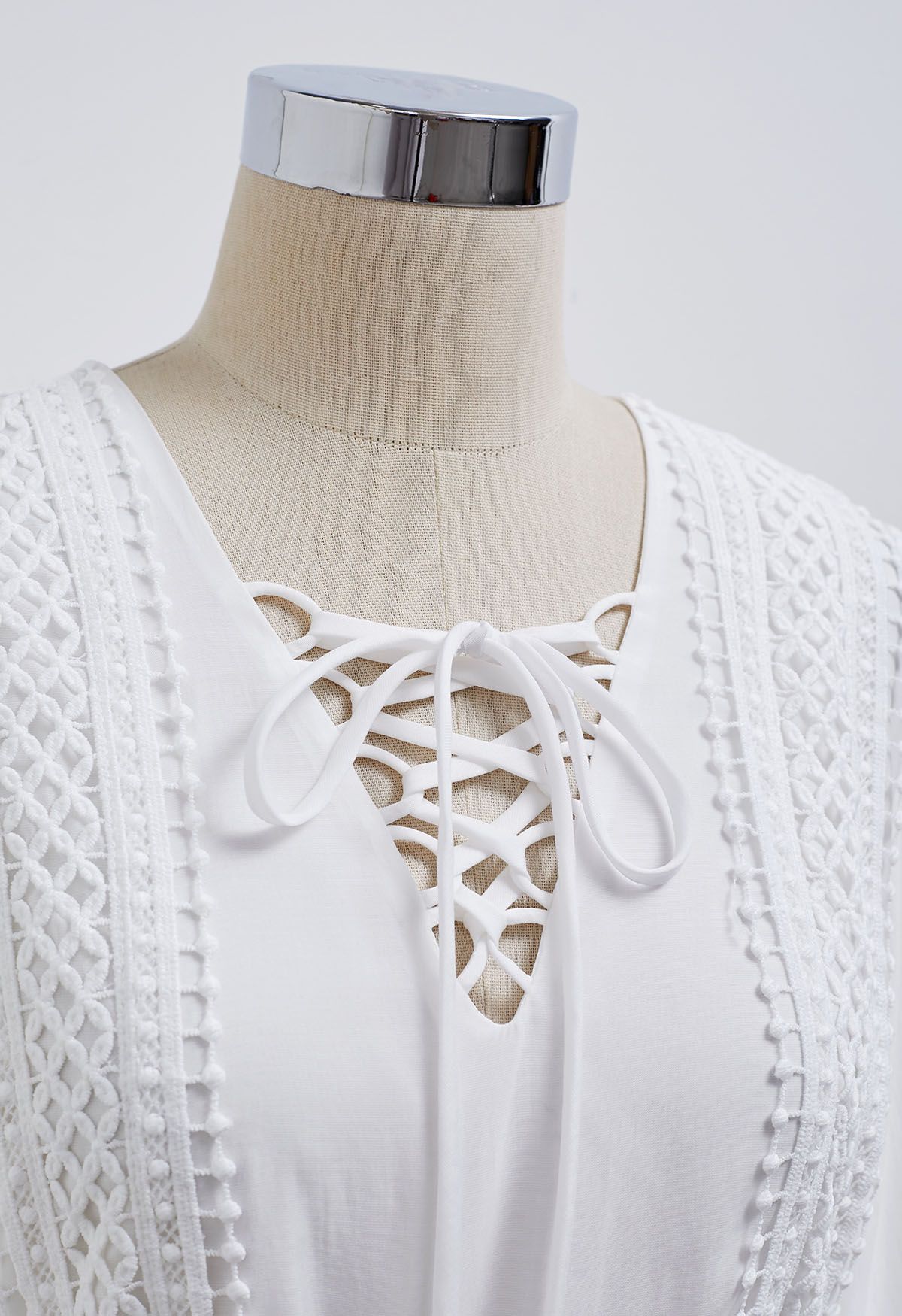 Cutwork Trim Flare Sleeve Tiered Dress in White