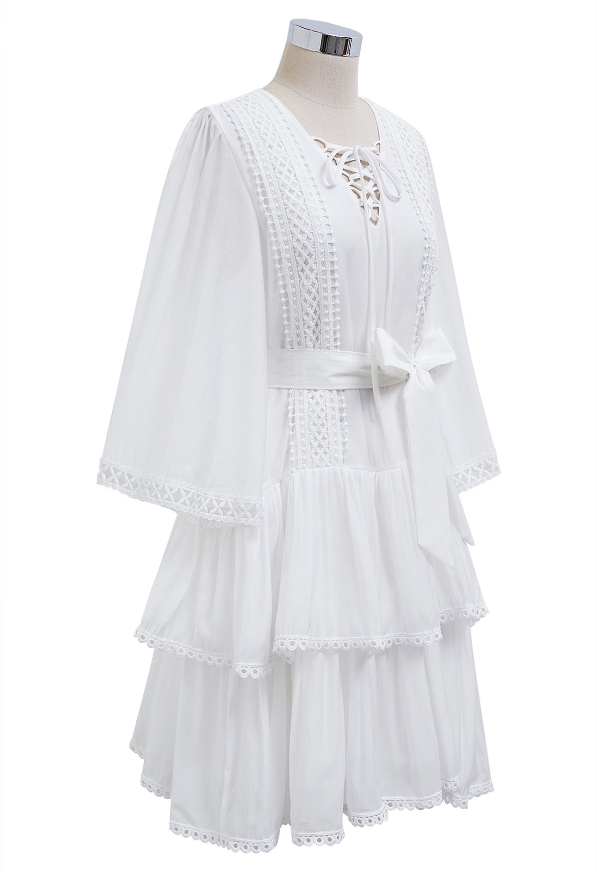Cutwork Trim Flare Sleeve Tiered Dress in White