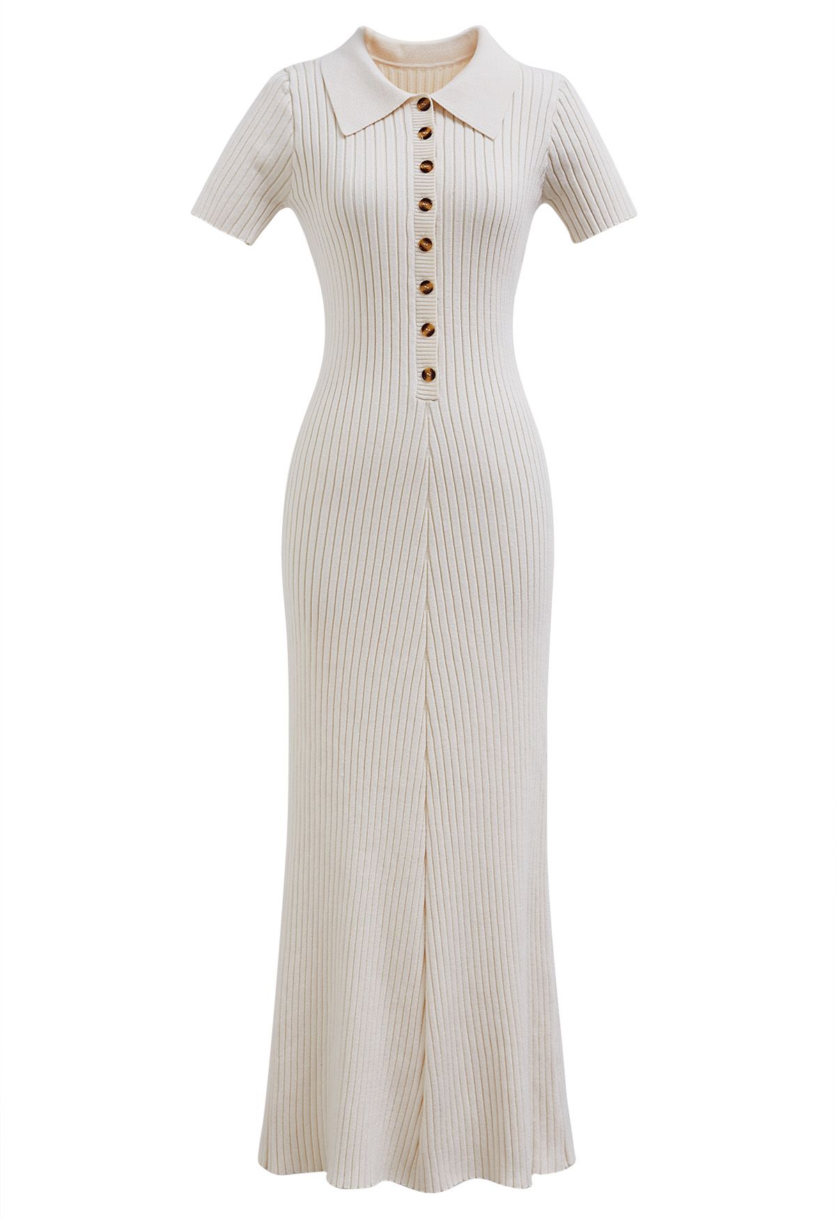 Collared Buttoned Short Sleeve Bodycon Knit Dress in Cream