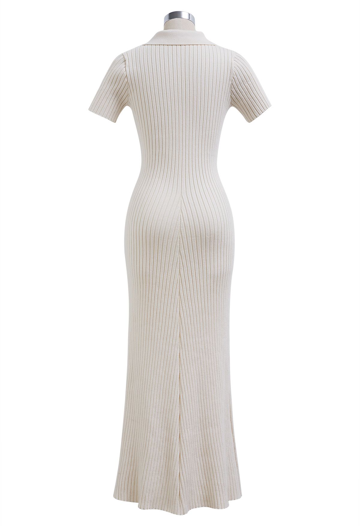 Collared Buttoned Short Sleeve Bodycon Knit Dress in Cream