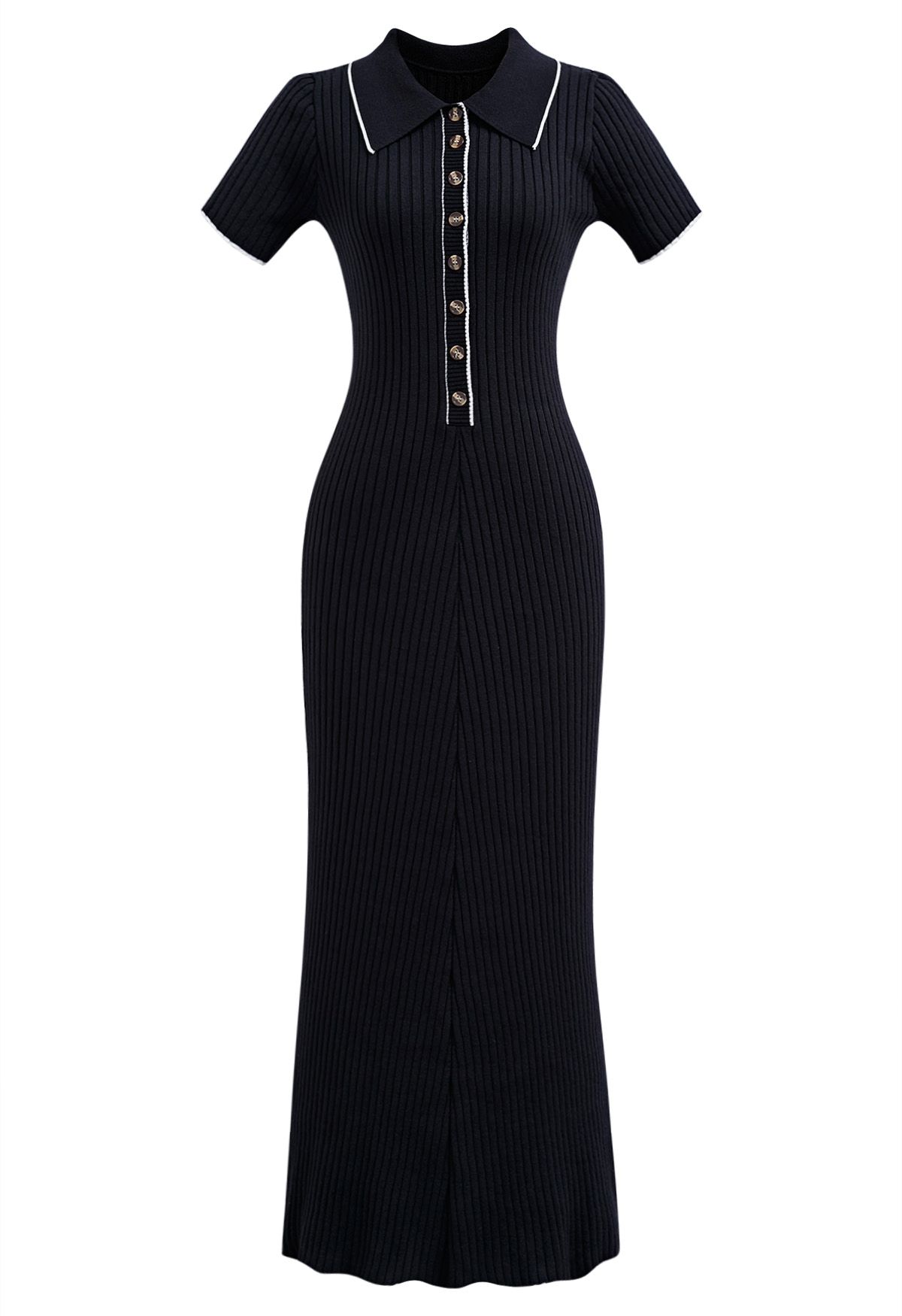 Collared Buttoned Short Sleeve Bodycon Knit Dress in Black