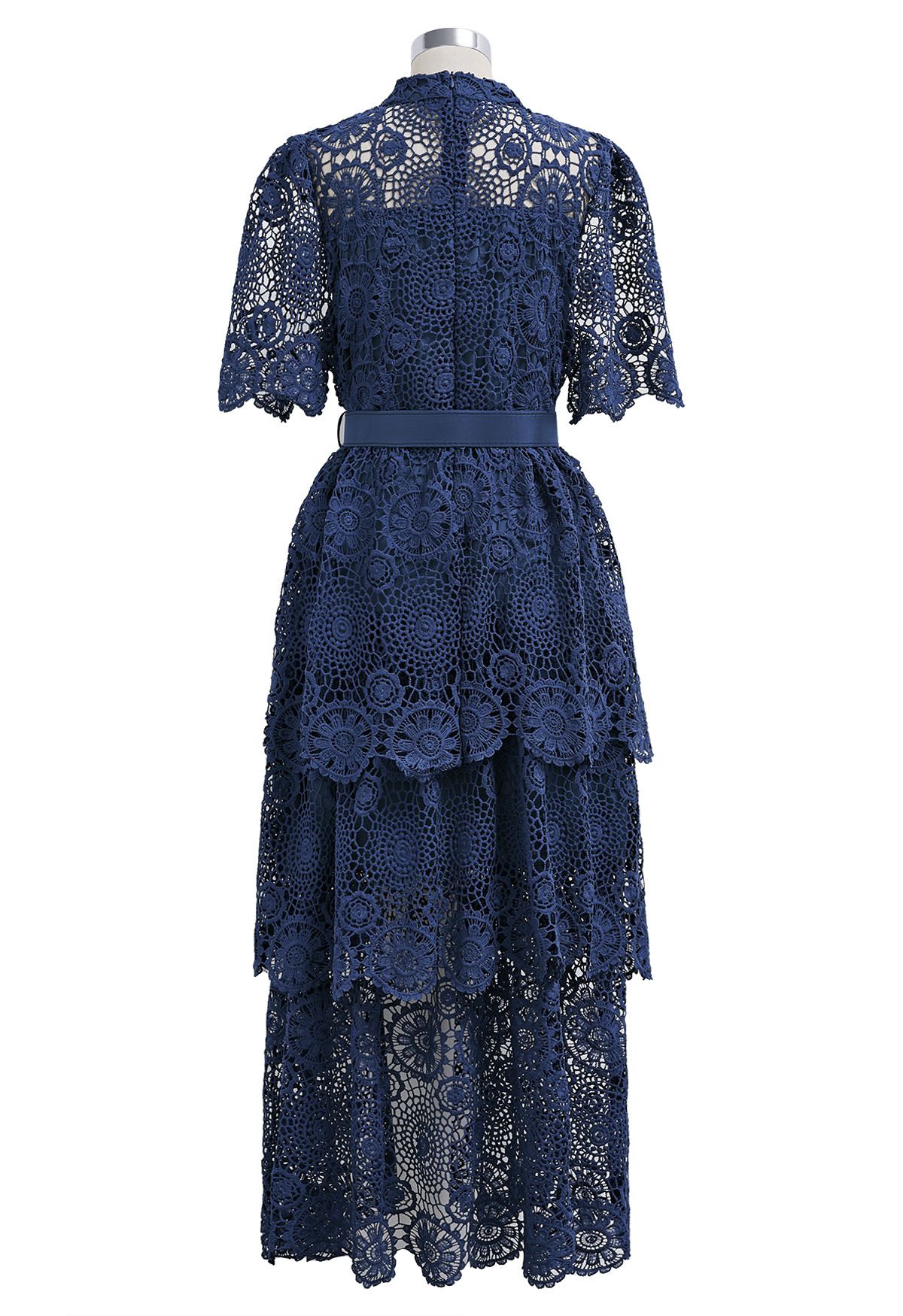 Cutwork Lace Belted Tiered Maxi Dress in Navy