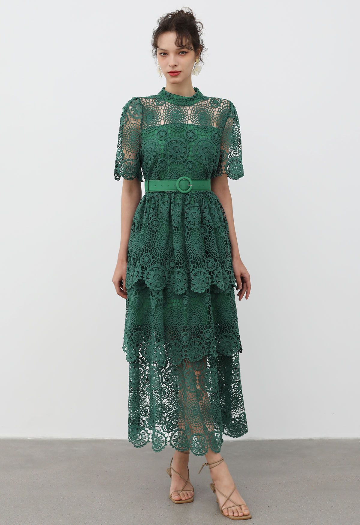 Cutwork Lace Belted Tiered Maxi Dress in Dark Green