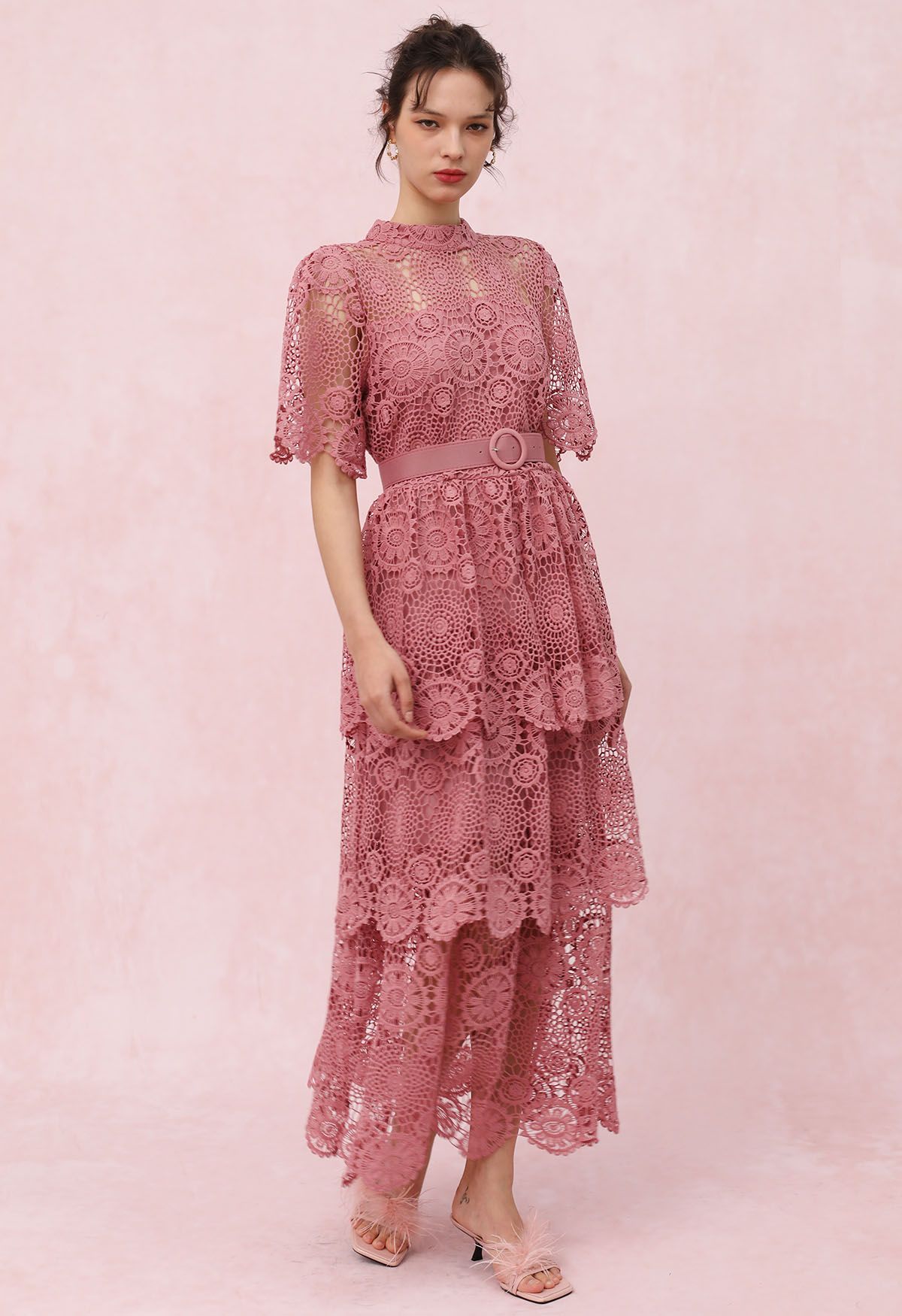 Cutwork Lace Belted Tiered Maxi Dress in Pink