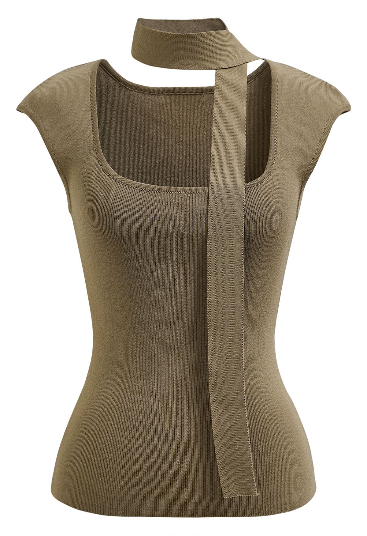 Square Neck Sleeveless Knit Top with Sash in Olive