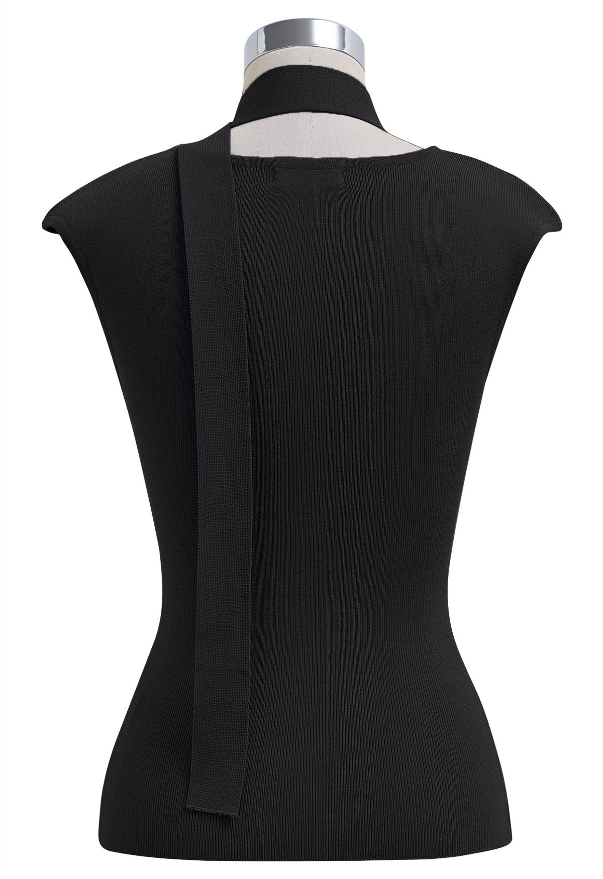 Square Neck Sleeveless Knit Top with Sash in Black
