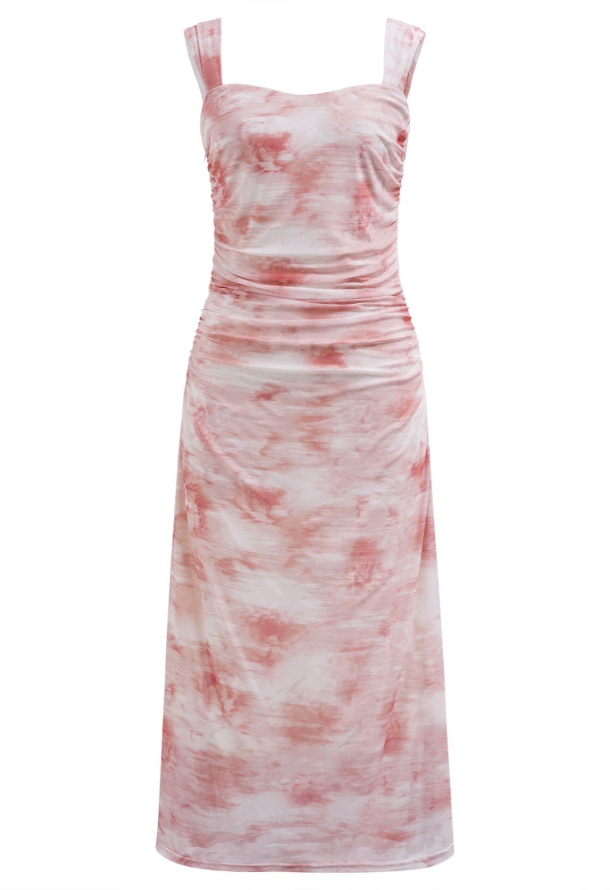 Watercolor Ruched Mesh Wide Strap Midi Dress in Pink