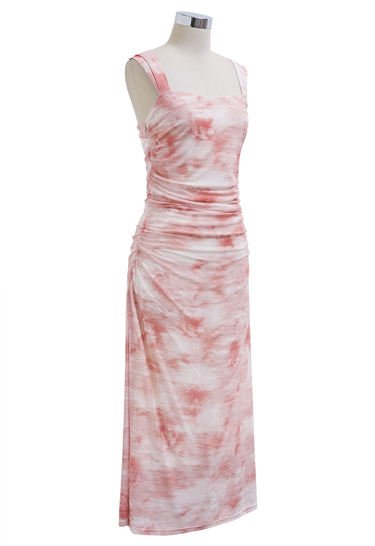 Watercolor Ruched Mesh Wide Strap Midi Dress in Pink