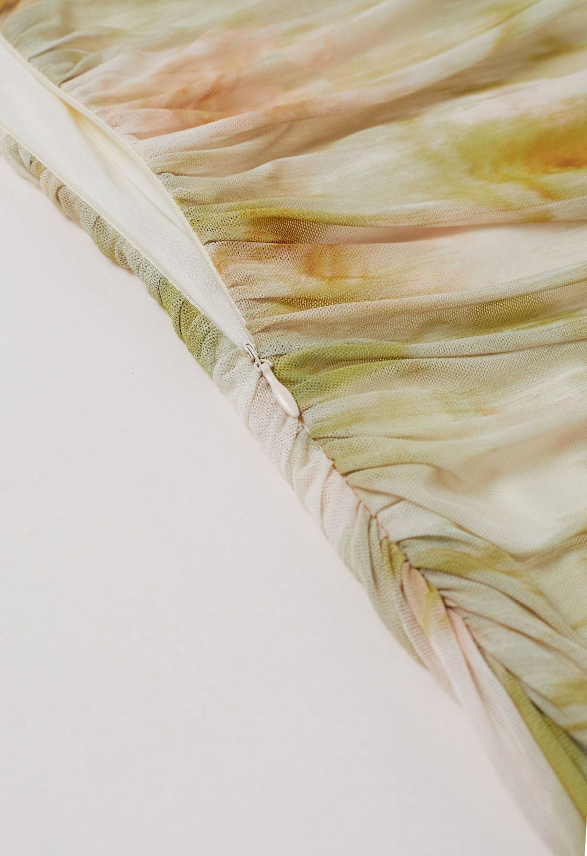 Watercolor Ruched Mesh Wide Strap Midi Dress in Pistachio