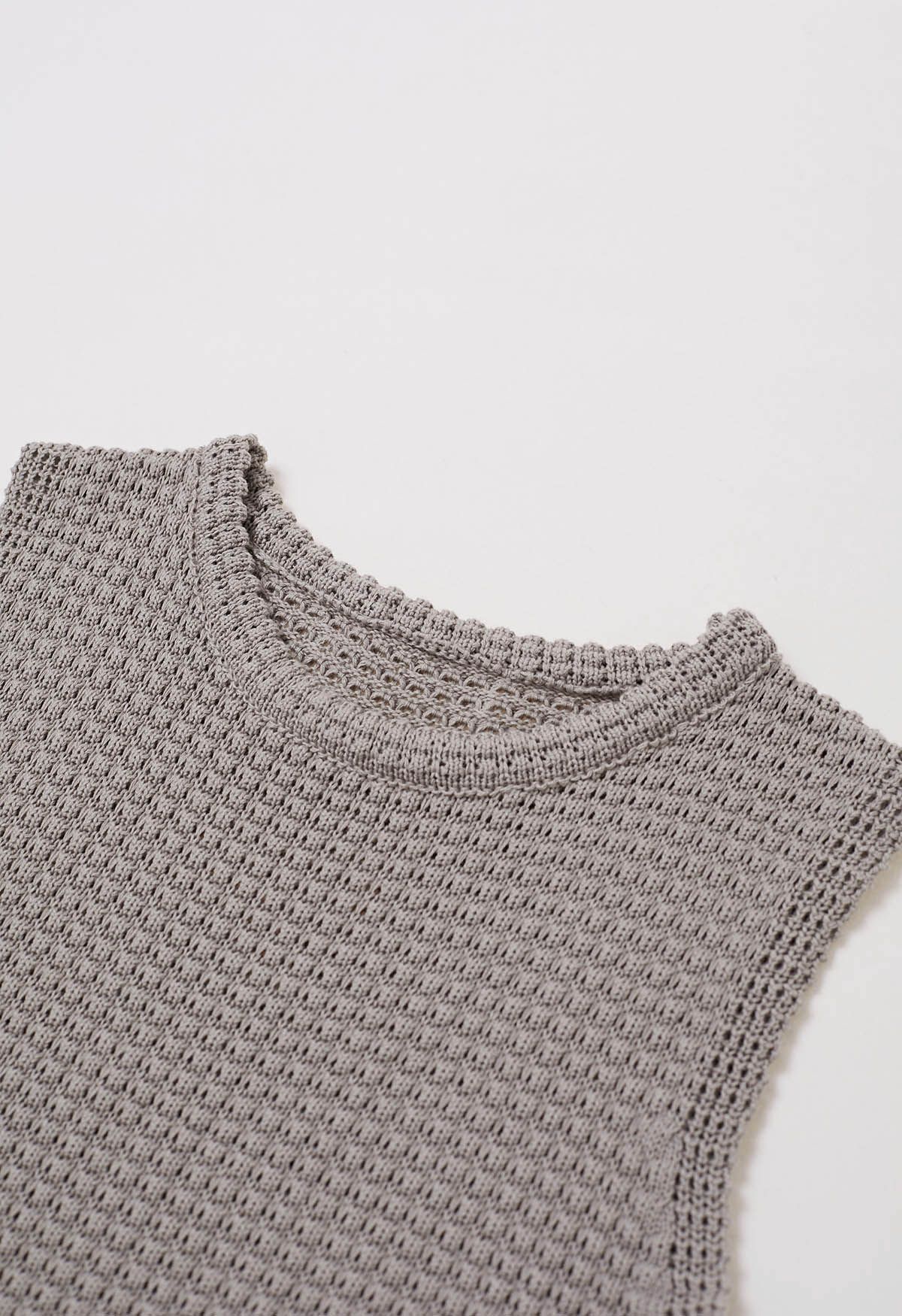 Solid Color Openwork Knit Sleeveless Top in Taupe